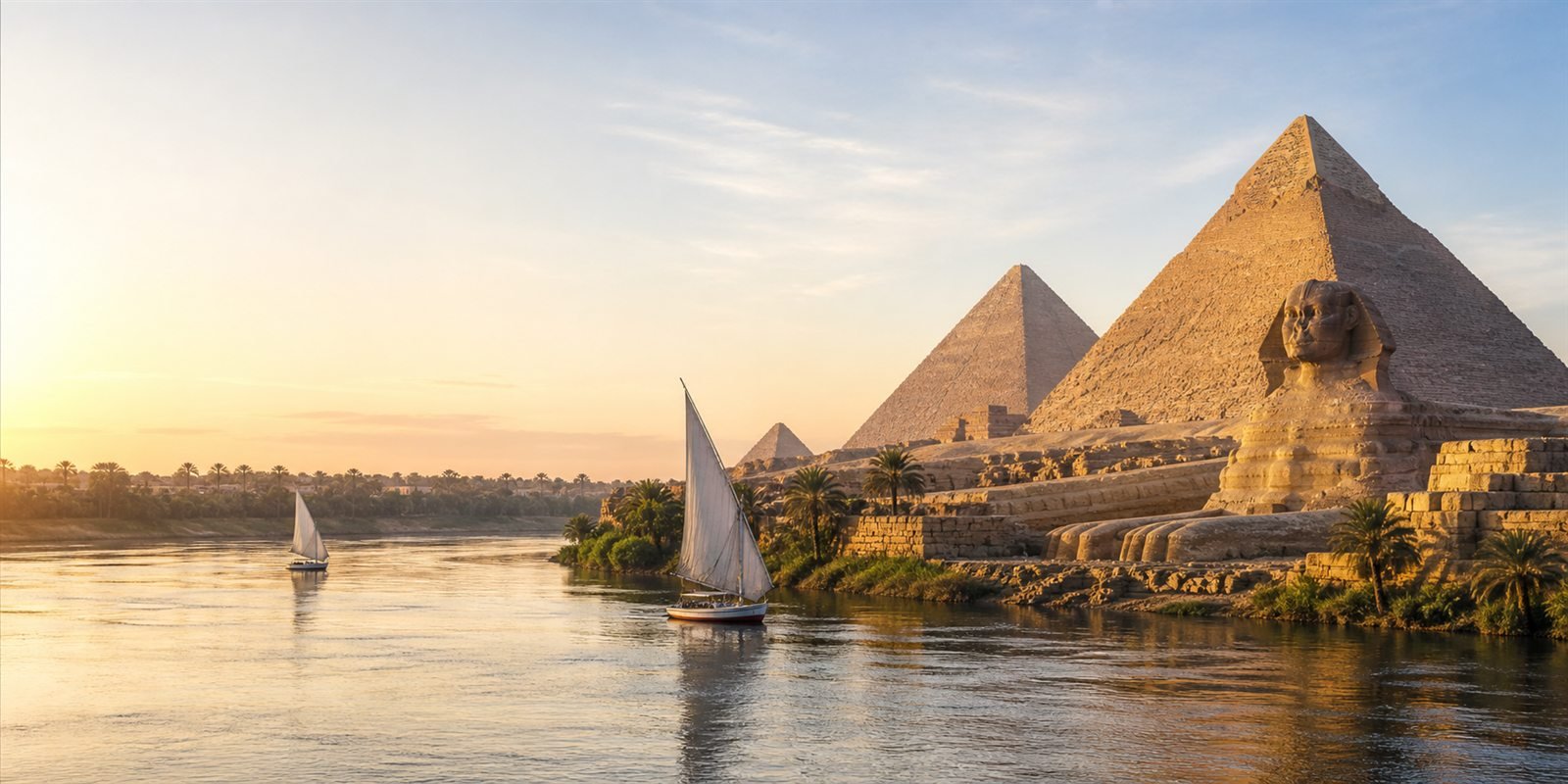 The Nile and the Pyramids of Giza at sunset